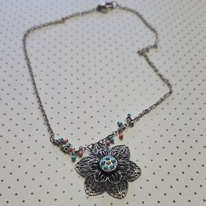 Silver Floral Pendant Necklace with Turquoise Accents